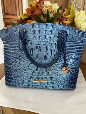 Brahmin Navy Blue Crocodile-Embossed Leather Tote